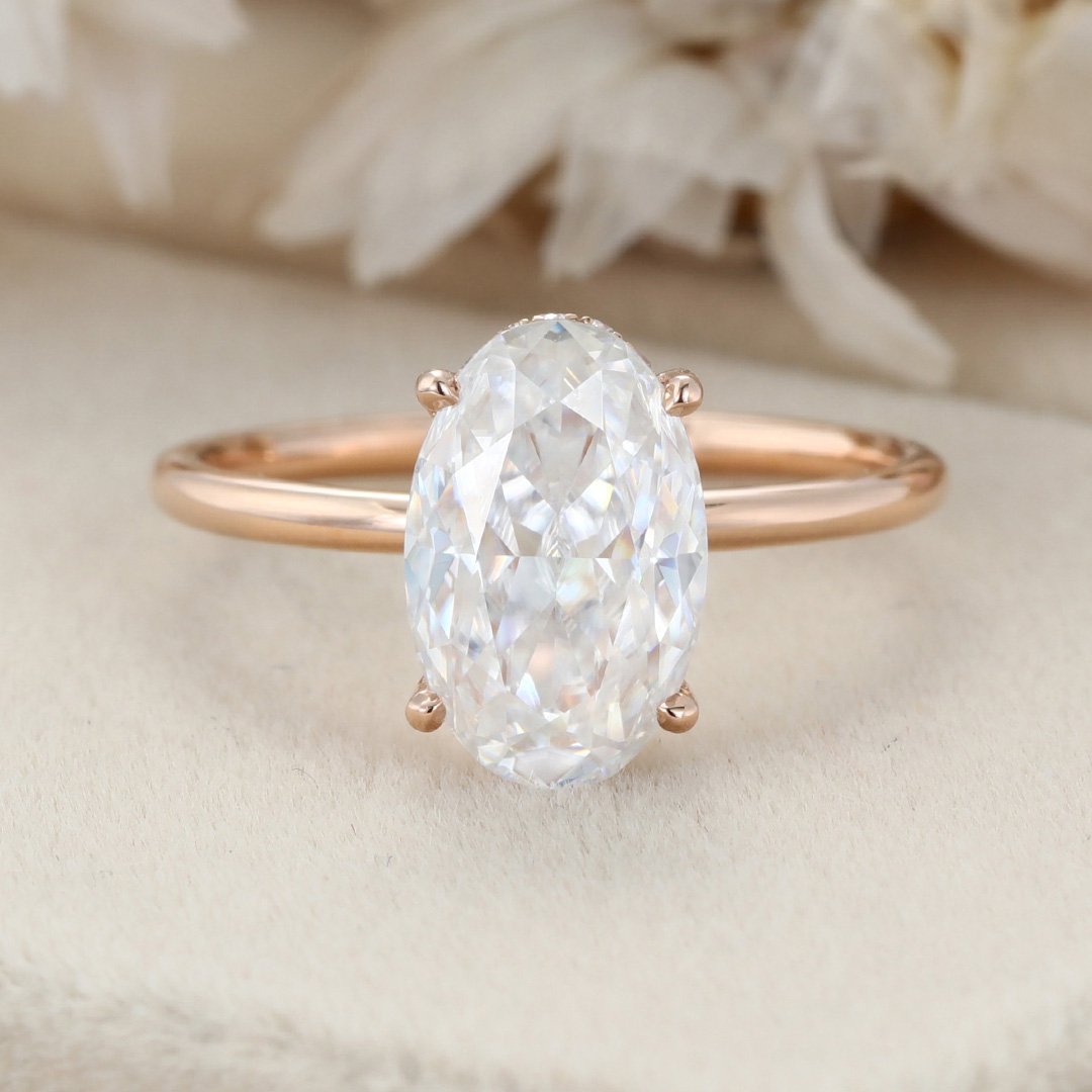 3.0 Carats Oval Shape Moissanite Hidden Halo Engagement Ring