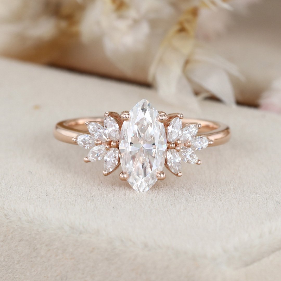 1.0 Carats Marquise Shape Moissanite Cluster Engagement Ring