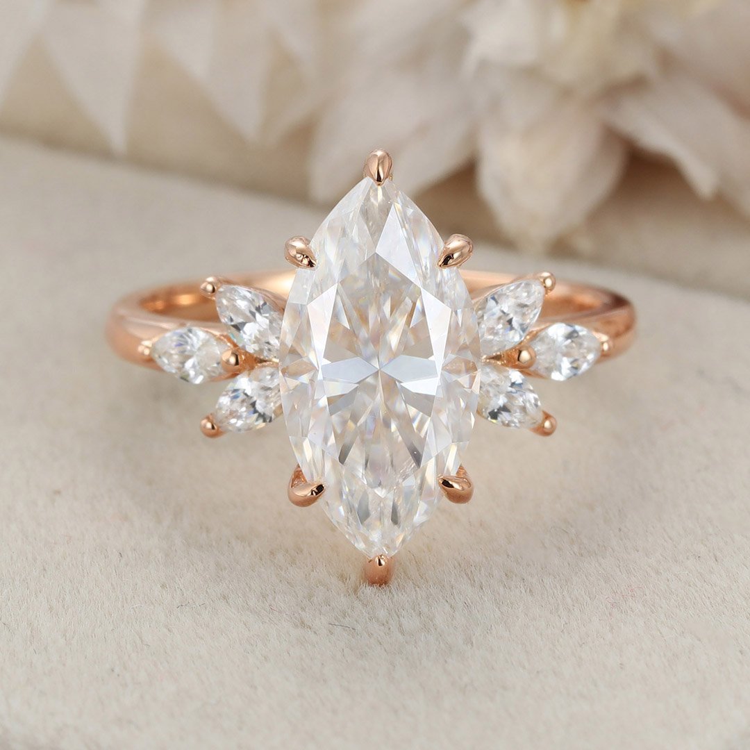 3.0 Carats Marquise Shape Moissanite Cluster Engagement Ring