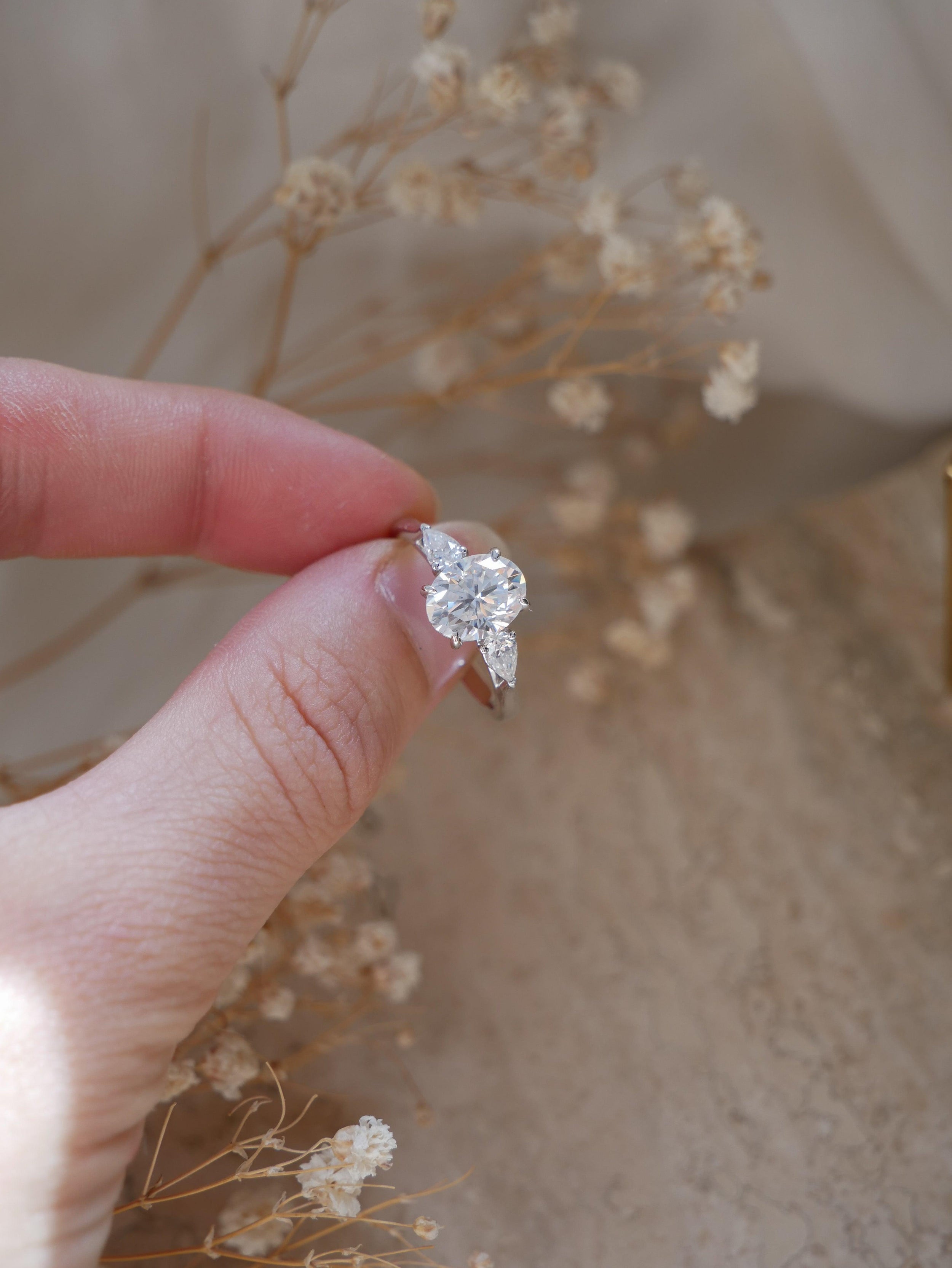 1.50 Carats Oval Shape Moissanite Three Stone Engagement Ring