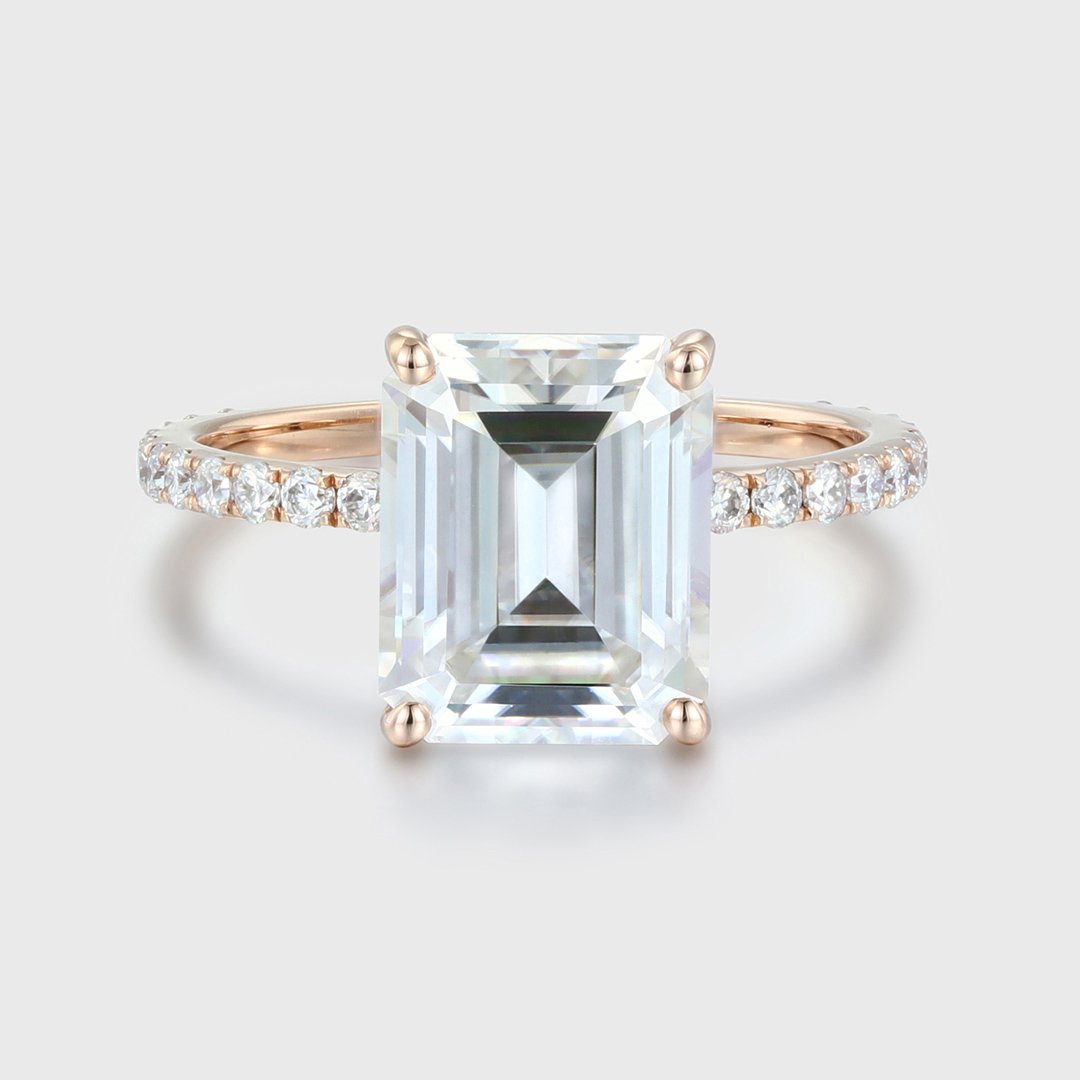 4.0 Carats Emerald Shape Moissanite Pave Engagement Ring