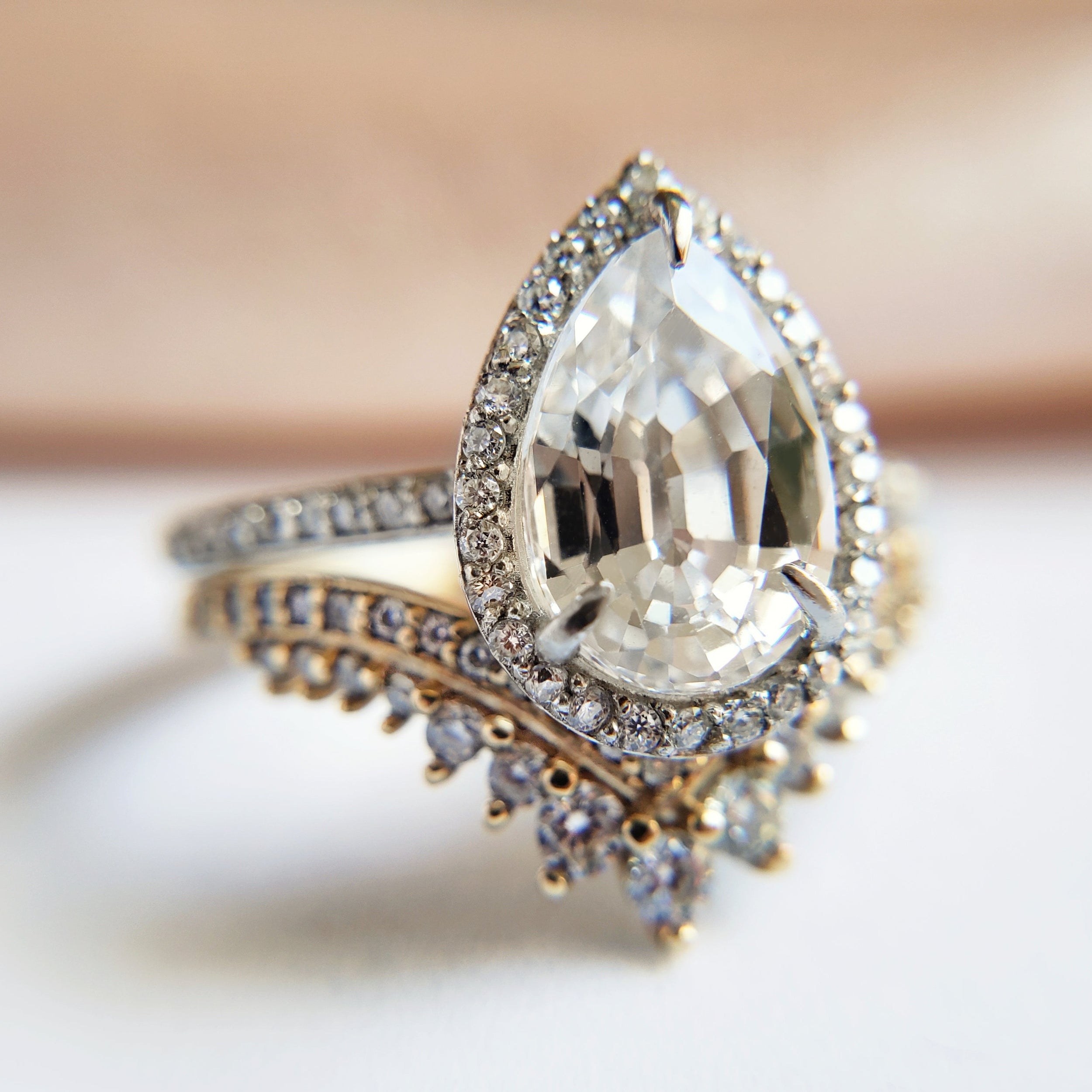 0.15 Carats V Shape with Vintage Round & Pear Cut Moissanite Wedding Band