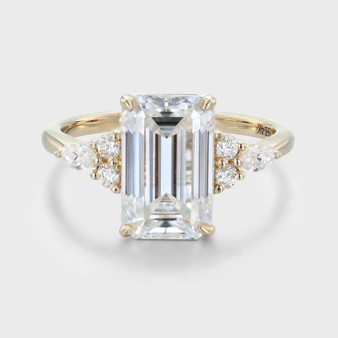 3.50 Carats Emerald Shape Moissanite Cluster Engagement Ring