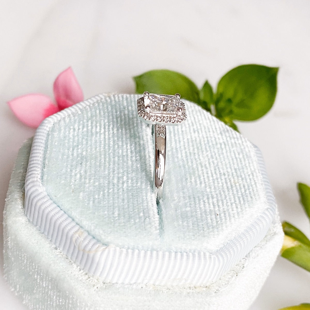 0.70 Carats Radiant Shape Moissanite Halo Engagement Ring
