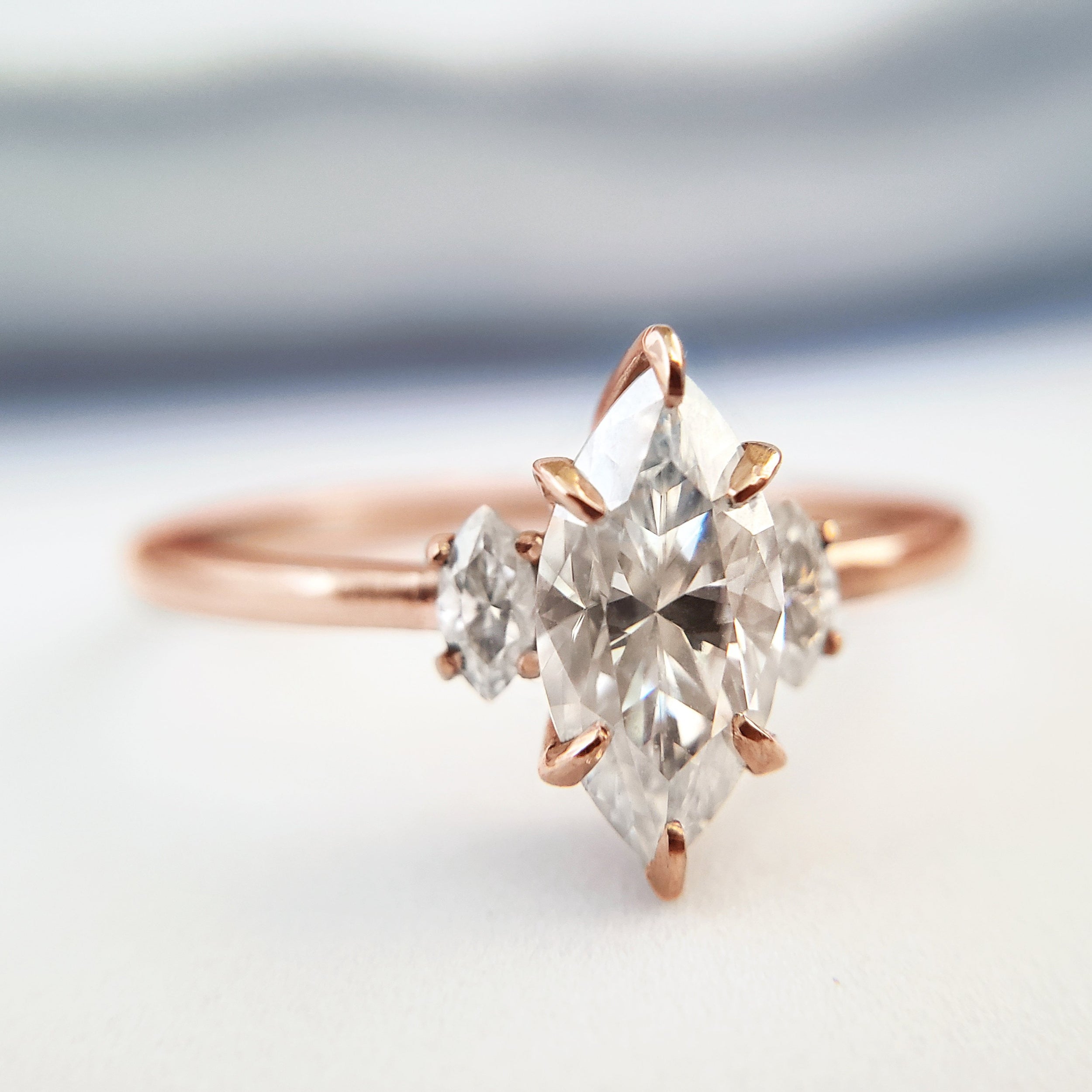 1.0 Carats Marquise Shape Moissanite Three Stone Engagement Ring