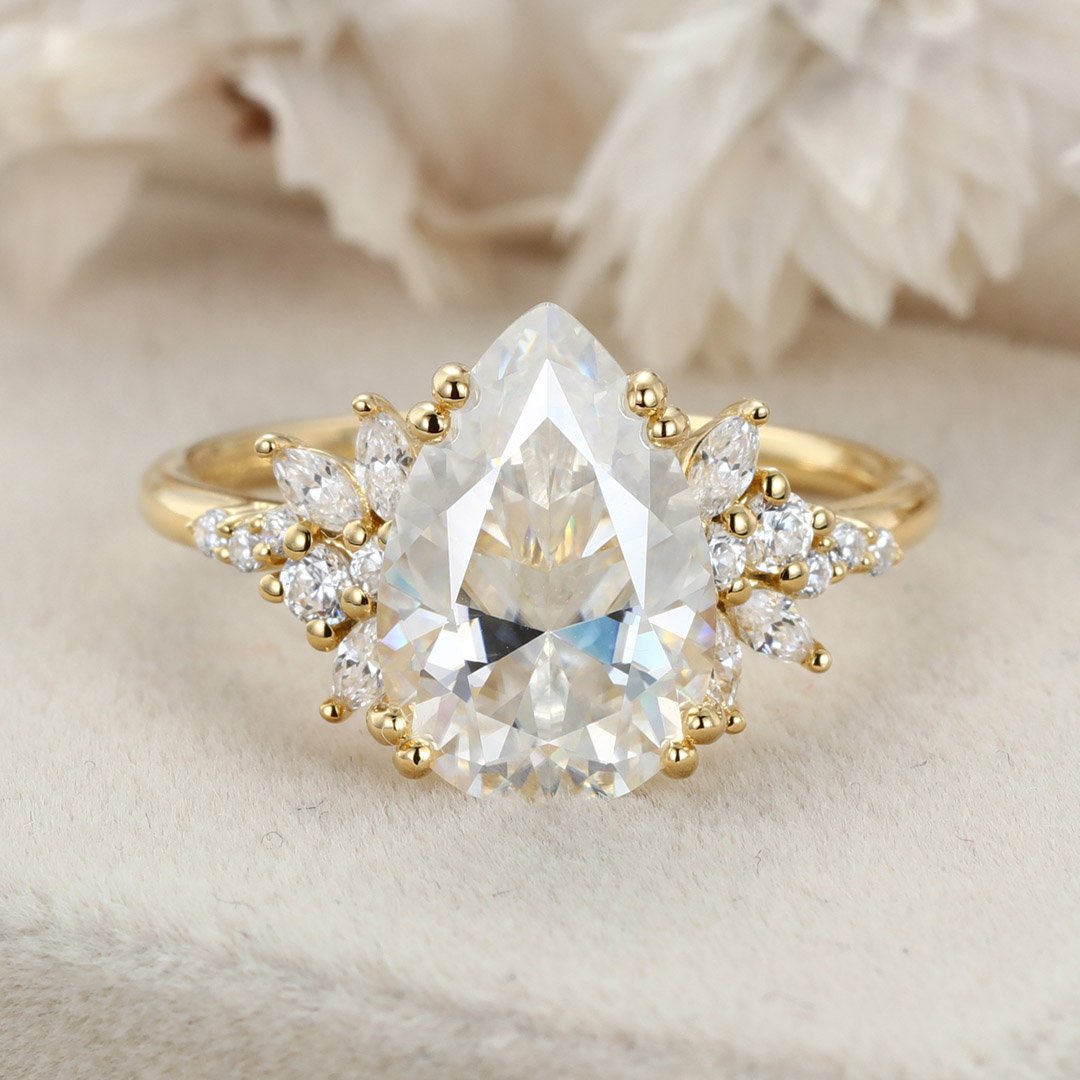 3.0 Carats Pear Shape Moissanite Cluster Engagement Ring