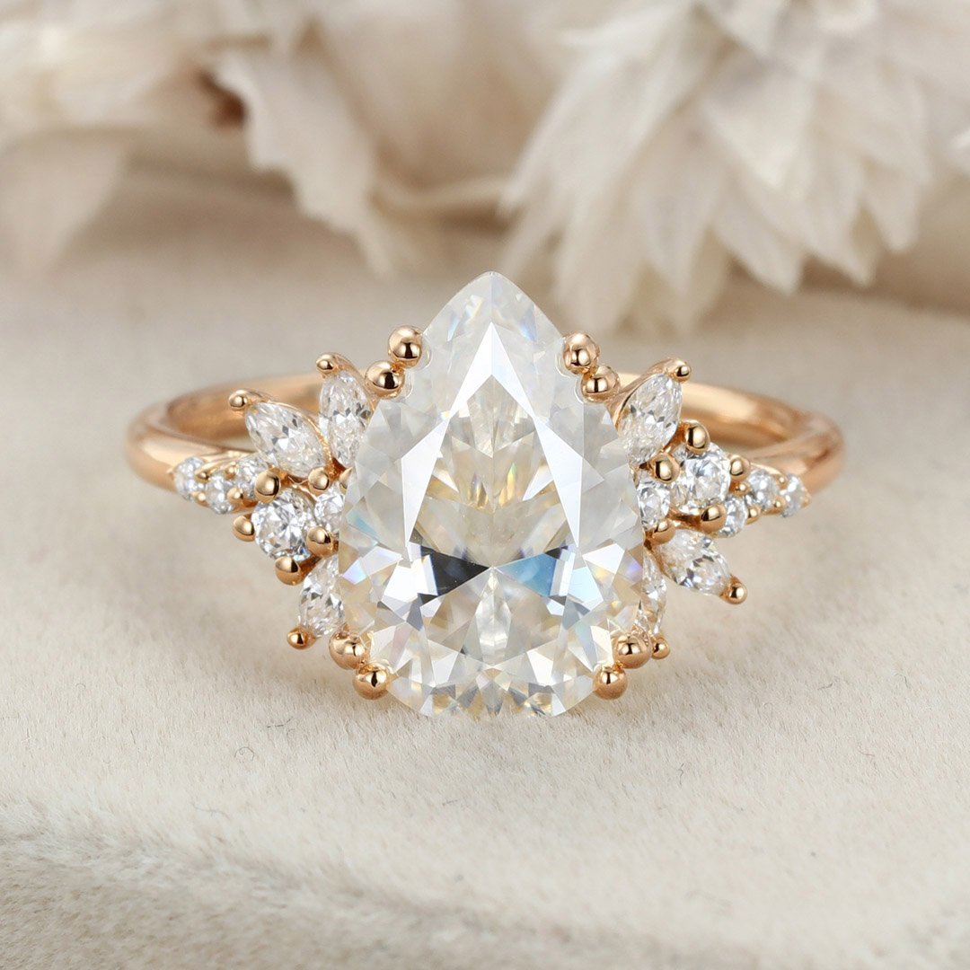 3.0 Carats Pear Shape Moissanite Cluster Engagement Ring