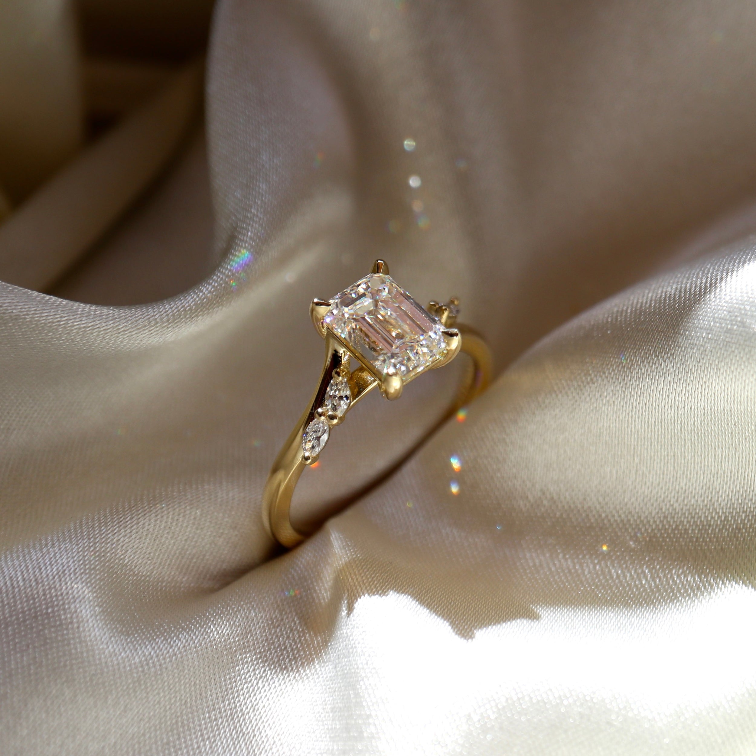 0.80 Carats Emerald Shape Cluster Moissanite Engagement Ring