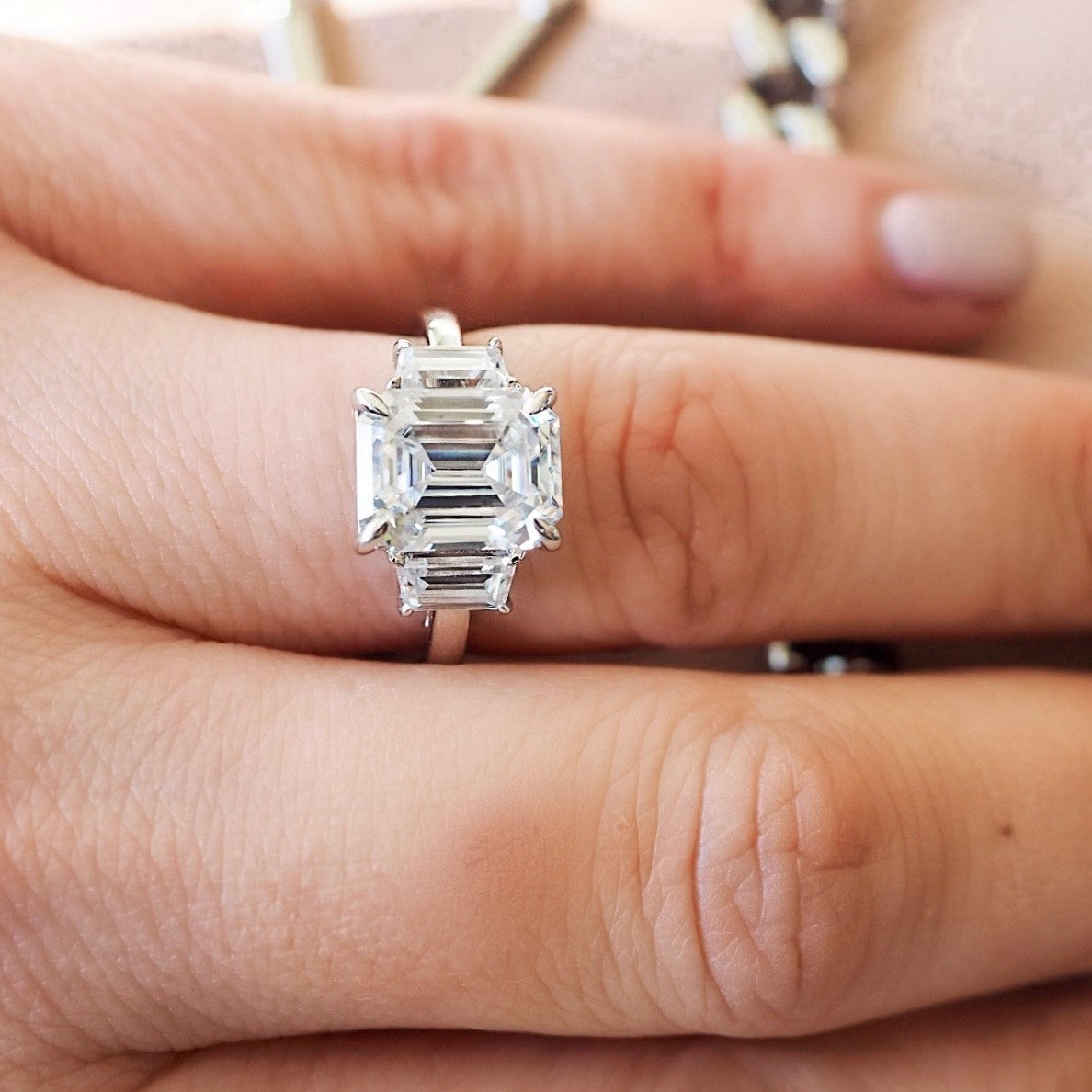 4.50 Carats Emerald Shape Moissanite Three Stone Engagement Ring
