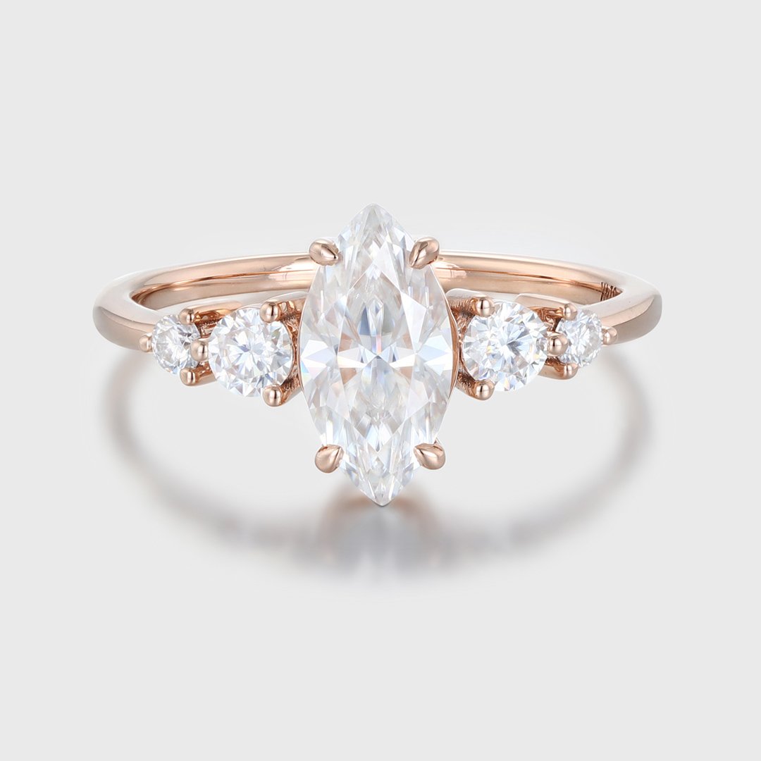 1.0 Carats Marquise Shape Moissanite Five Stone Engagement Ring