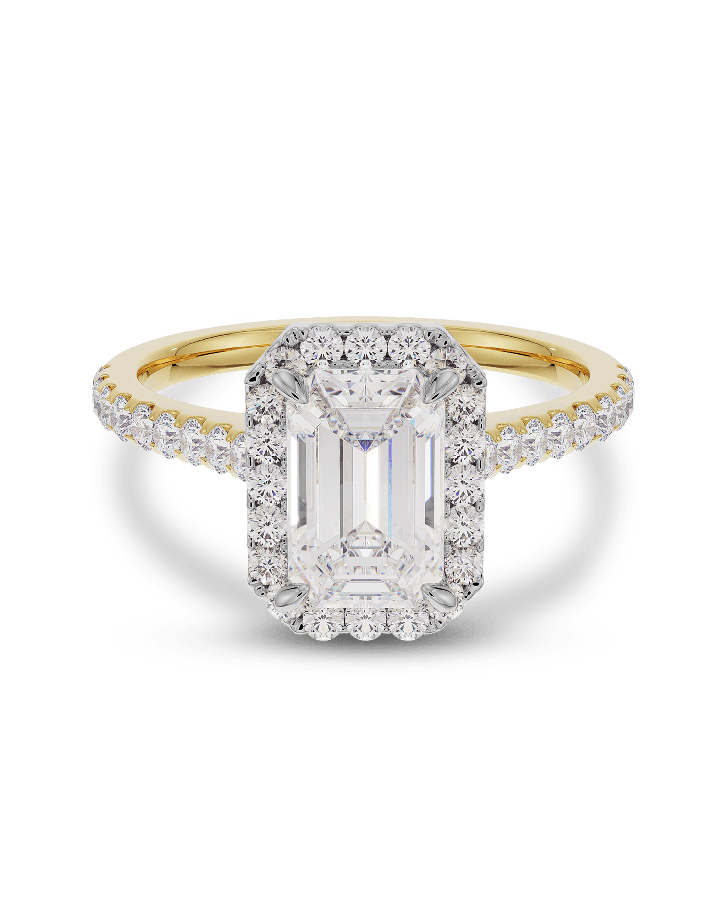 1.30 Carats Emerald Shape Moissanite Halo & Pave Engagement Ring