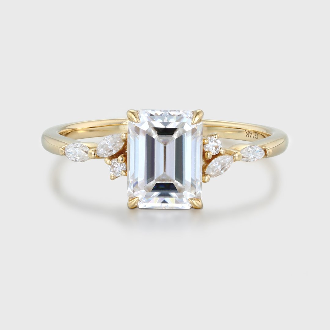 2.0 Carats Emerald Shape Moissanite Cluster Engagement Ring
