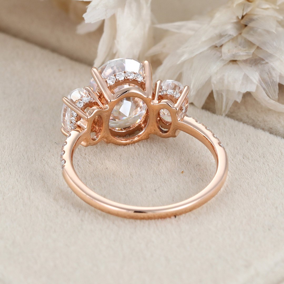 3.0 Carats Oval Shape Moissanite Three Stone & Pave Engagement Ring