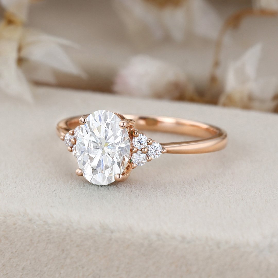 1.50 Carats Oval Shape Moissanite Cluster Engagement Ring