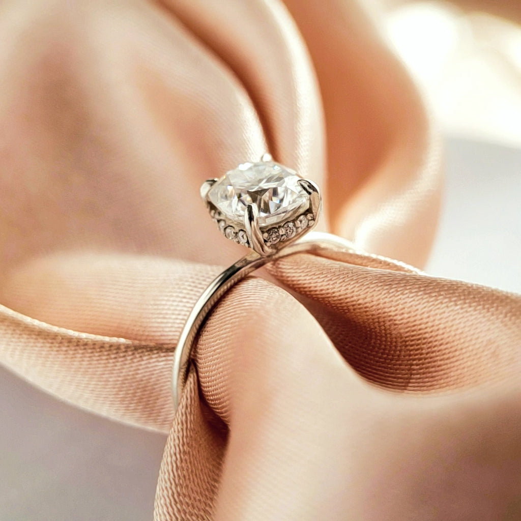 1.25 Carats Cushion Shape Moissanite Hidden Halo Engagement Ring