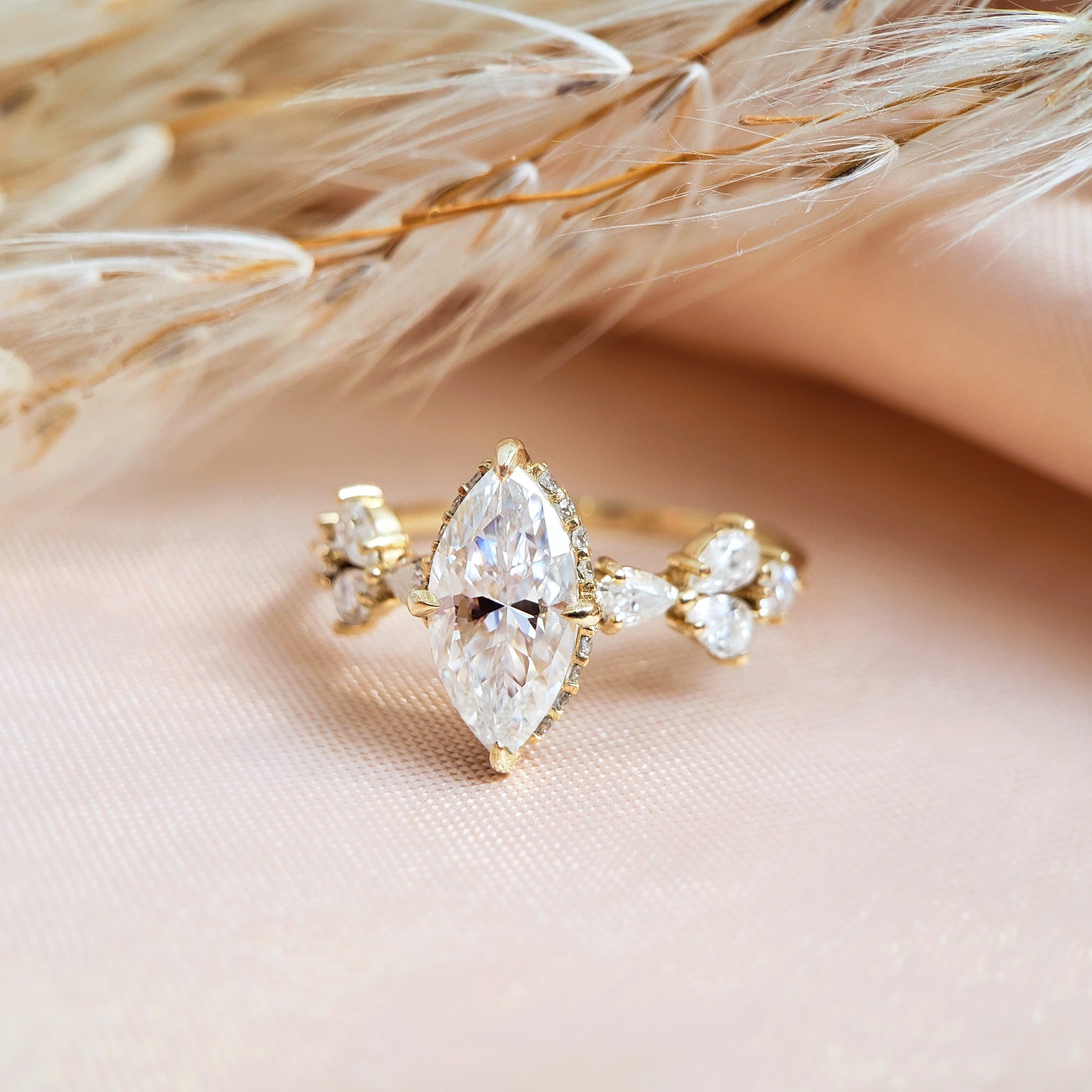 1.0 Carats Marquise Shape Moissanite Cluster Engagement Ring