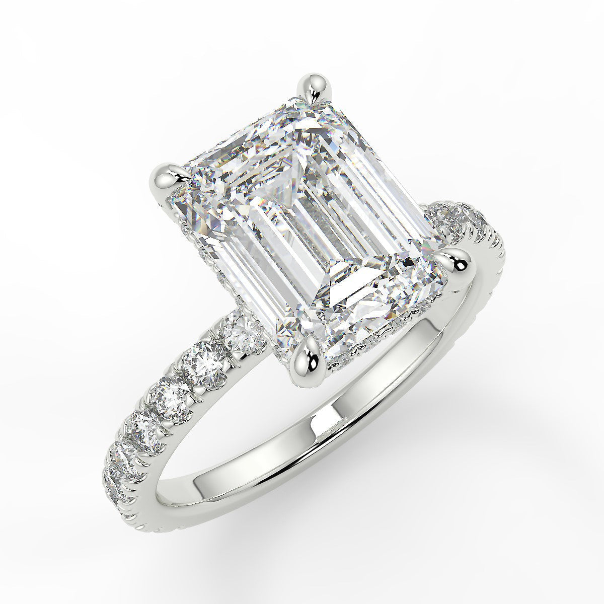 2.20 Carats Emerald Shape Moissanite Hidden Halo & Pave Engagement Ring