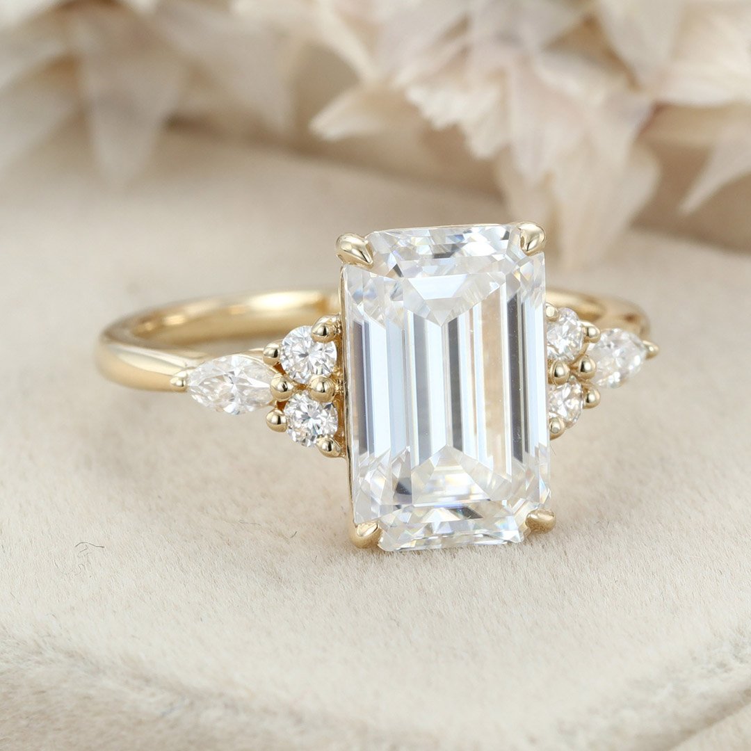 3.50 Carats Emerald Shape Moissanite Cluster Engagement Ring