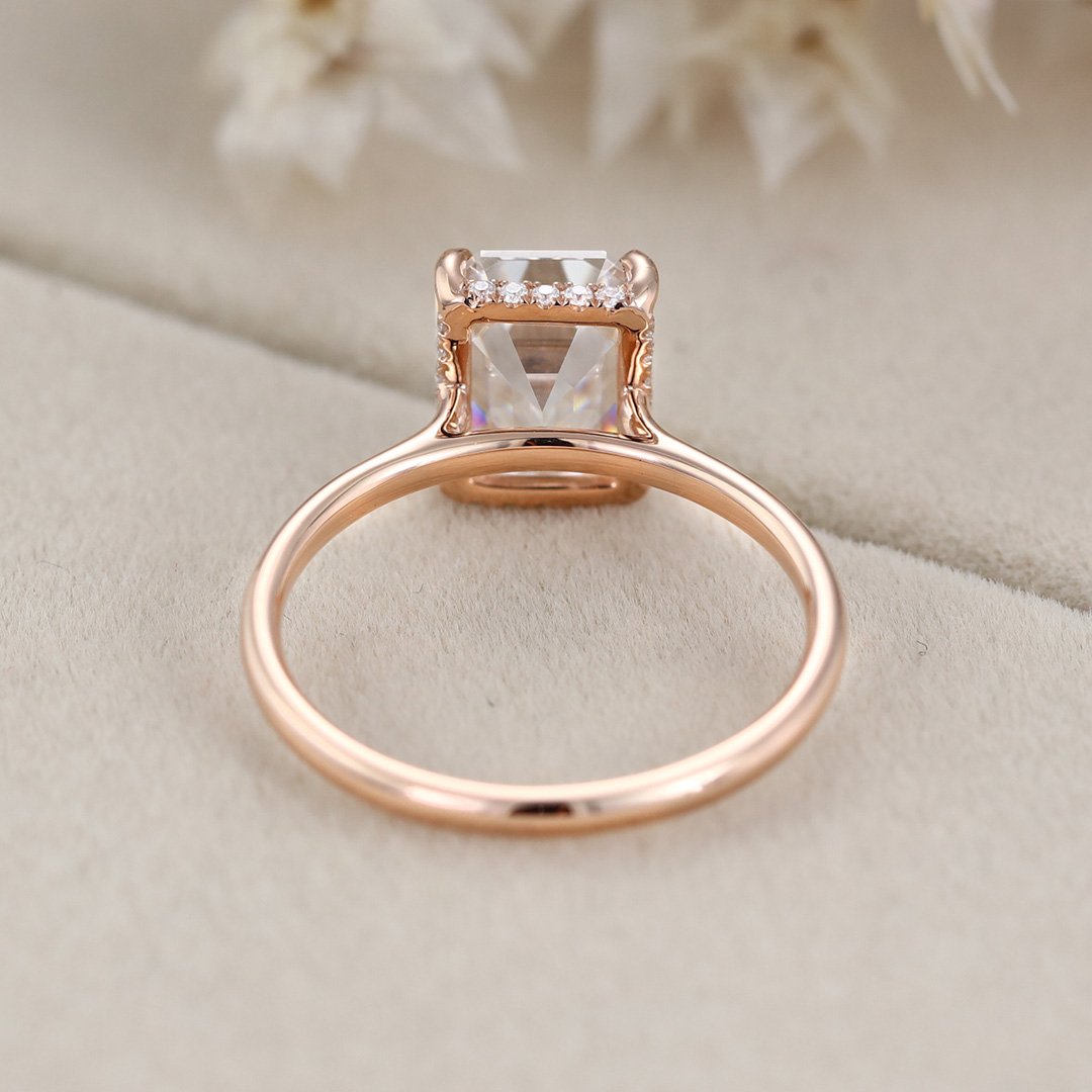 2.5 Carats Emerald Shape Moissanite Hidden Halo Engagement Ring
