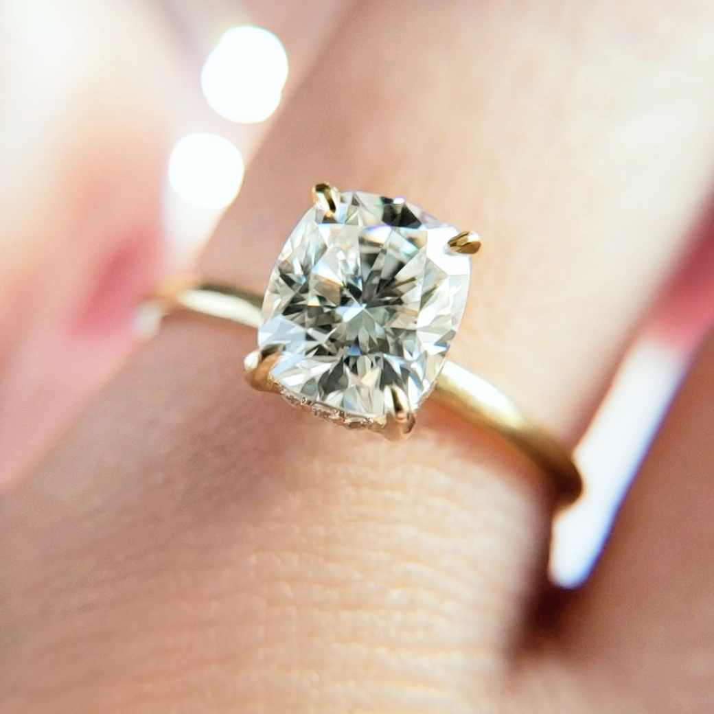 1.25 Carats Cushion Shape Moissanite Hidden Halo Engagement Ring