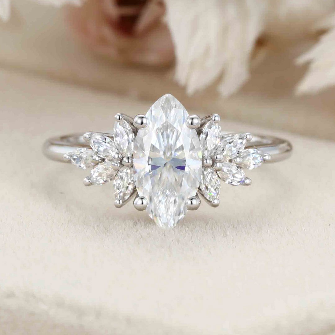1.0 Carats Marquise Shape Moissanite Cluster Engagement Ring