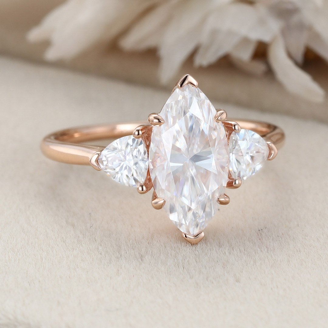 2.0 Carats Marquise Shape Moissanite Three Stone Engagement Ring