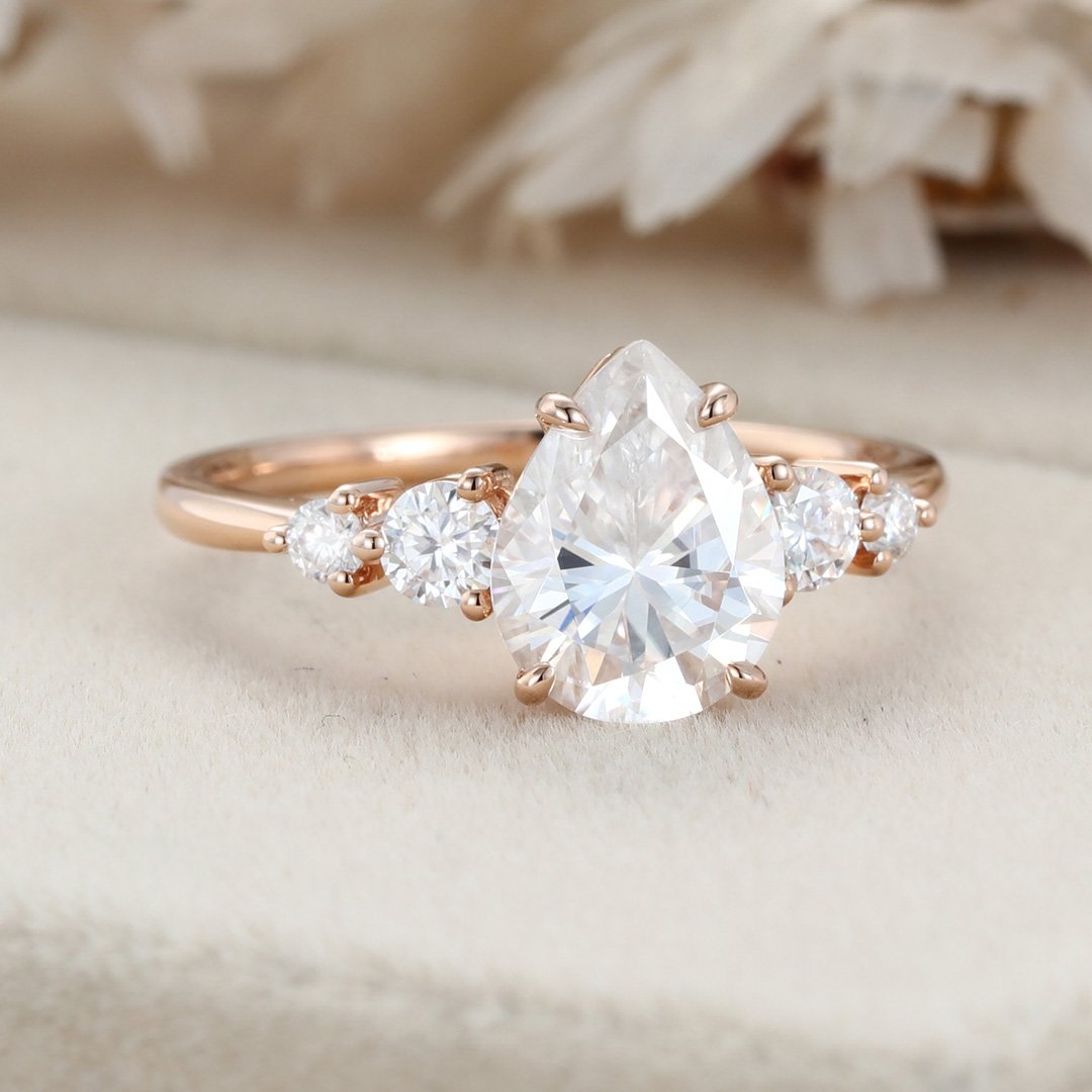 2.0 Carats Pear Shape Moissanite Five Stone Engagement Ring
