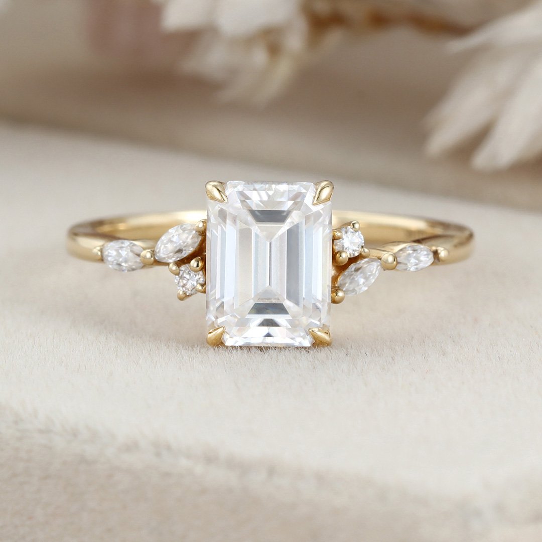2.0 Carats Emerald Shape Moissanite Cluster Engagement Ring