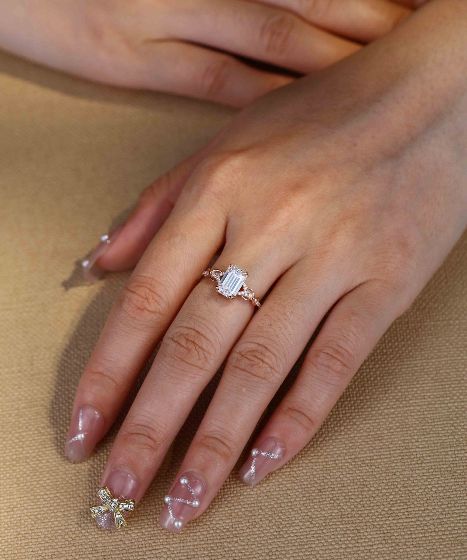 2.0 Carats Emerald Shape Moissanite Vintage Pave Engagement Ring