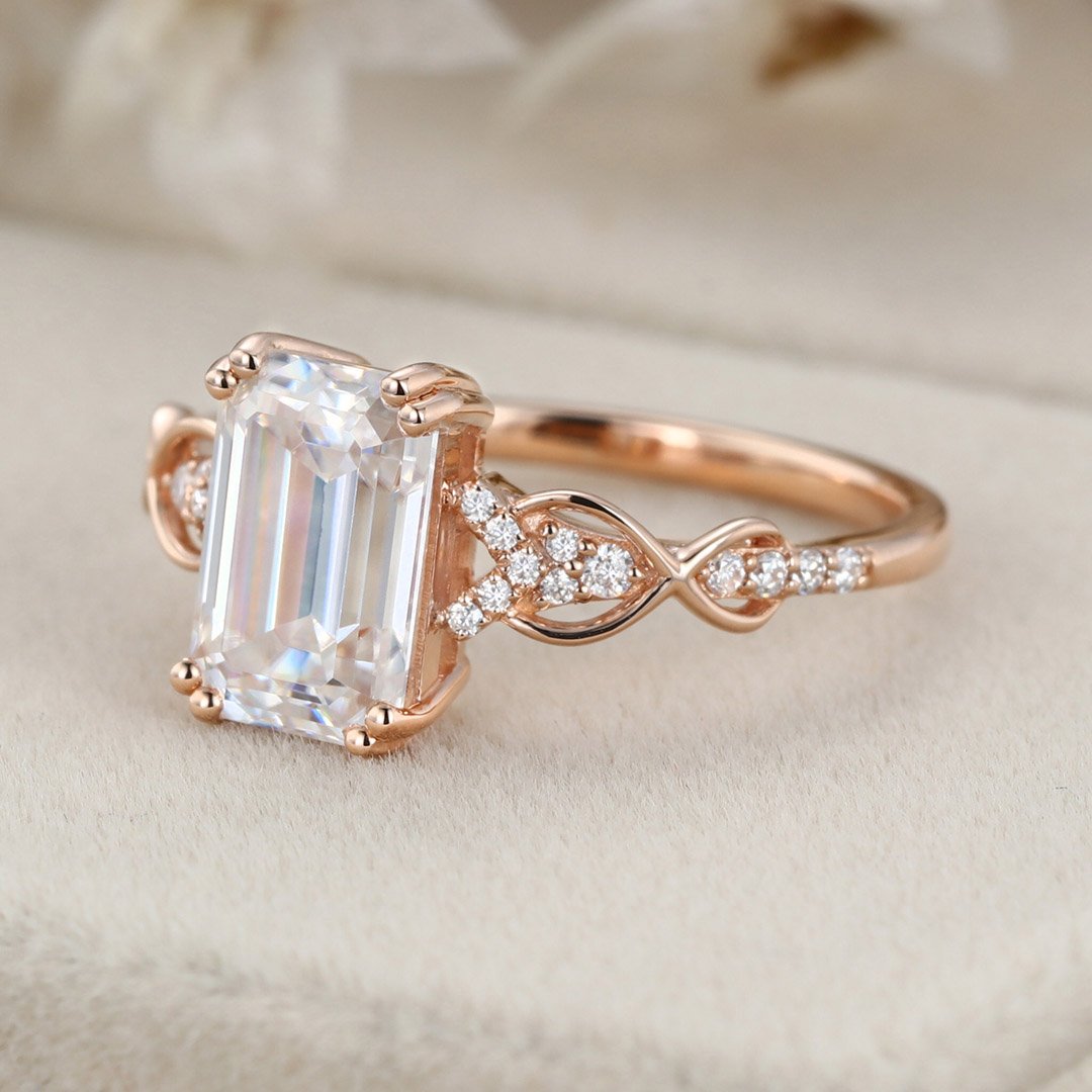 2.0 Carats Emerald Shape Moissanite Vintage Pave Engagement Ring