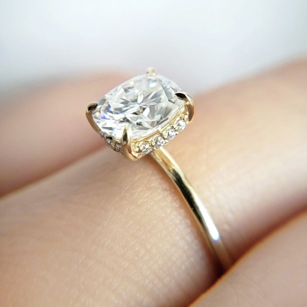 1.25 Carats Cushion Shape Moissanite Hidden Halo Engagement Ring