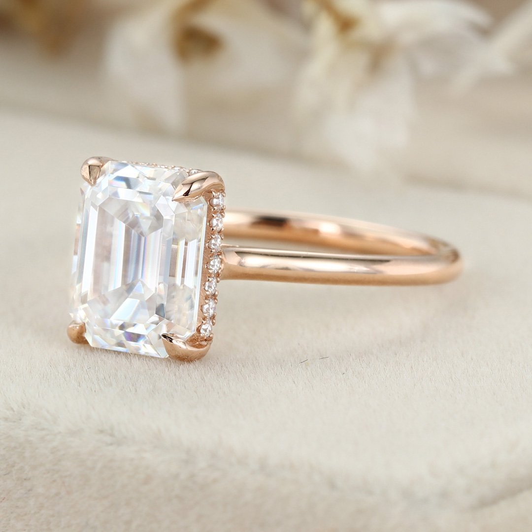 2.5 Carats Emerald Shape Moissanite Hidden Halo Engagement Ring