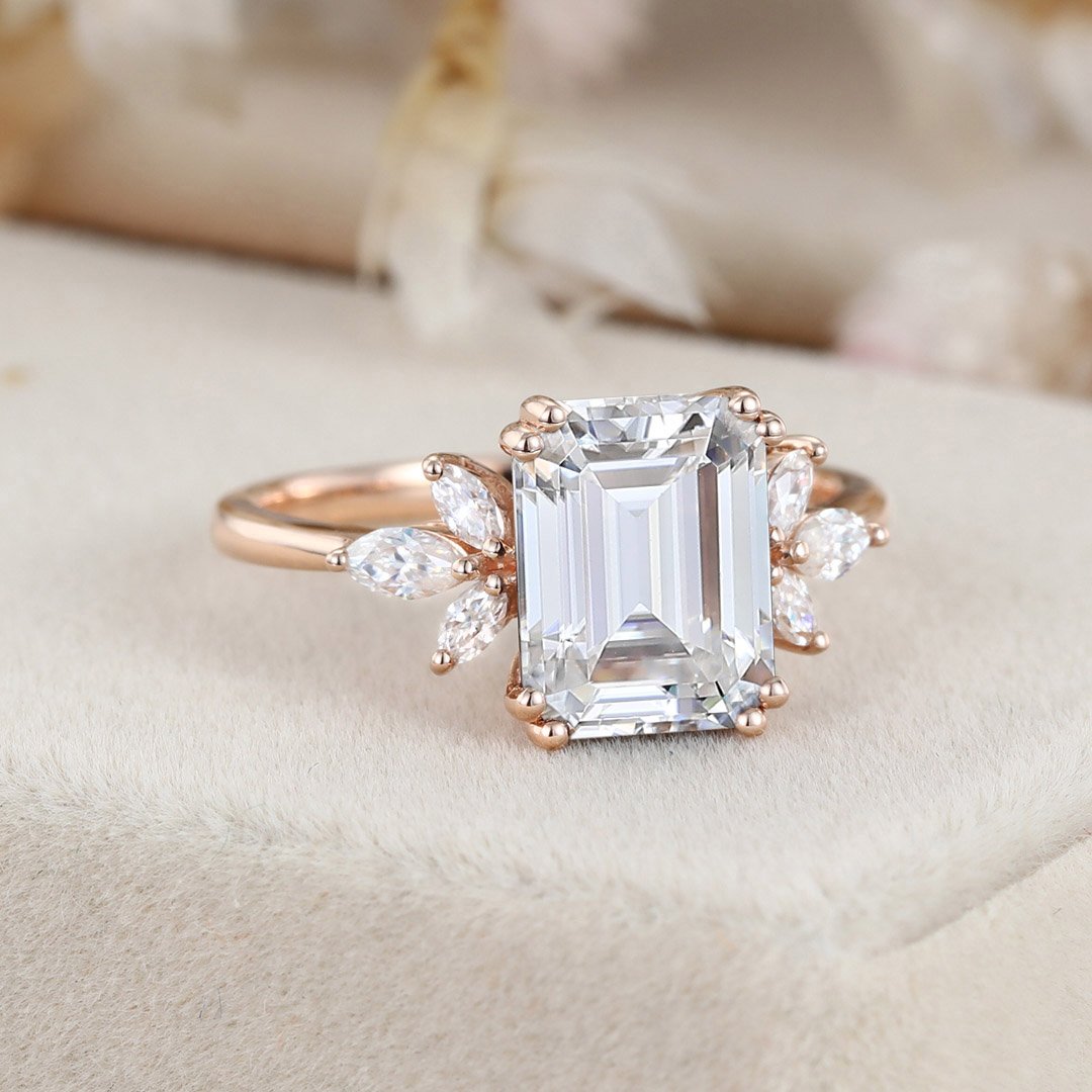 3.0 Carats Emerald Shape Moissanite Cluster Engagement Ring