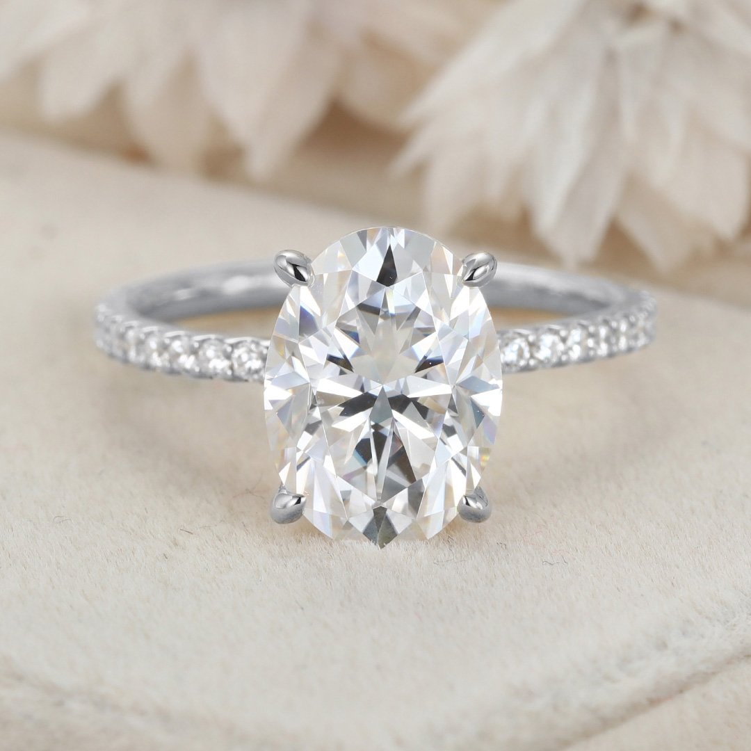 3.50 Carats Oval Shape Moissanite Hidden Halo & Pave Engagement Ring
