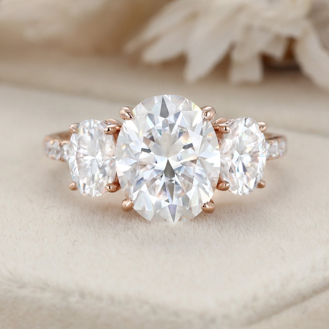3.0 Carats Oval Shape Moissanite Three Stone & Pave Engagement Ring