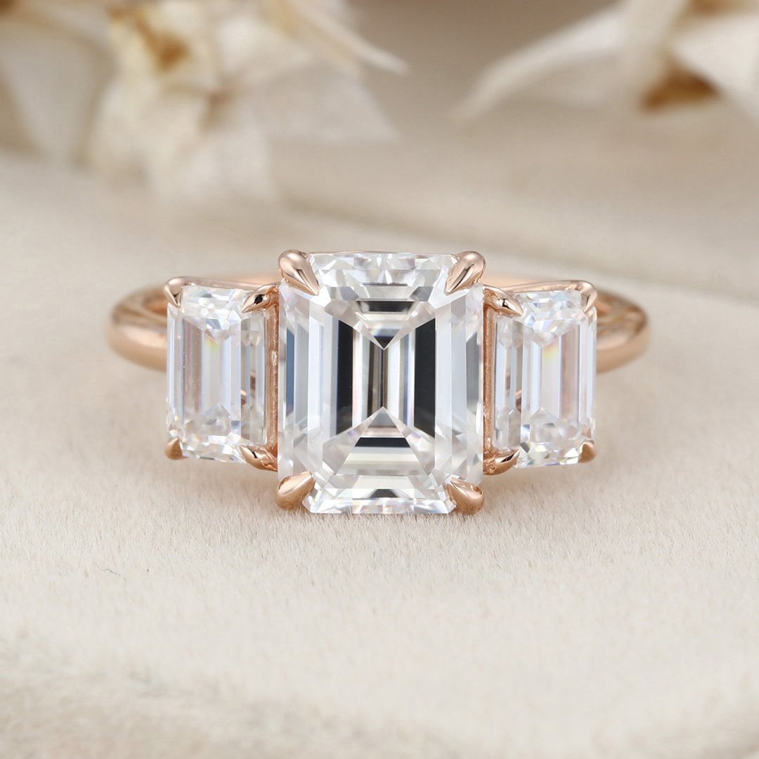 2.5 Carats Emerald Shape Moissanite Three Stone Engagement Ring