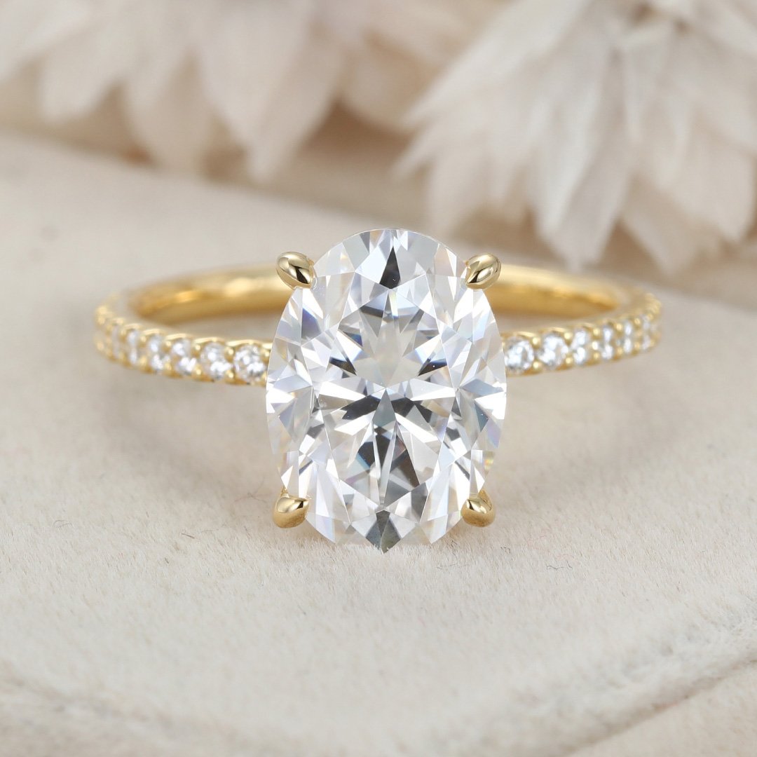 3.50 Carats Oval Shape Moissanite Hidden Halo & Pave Engagement Ring
