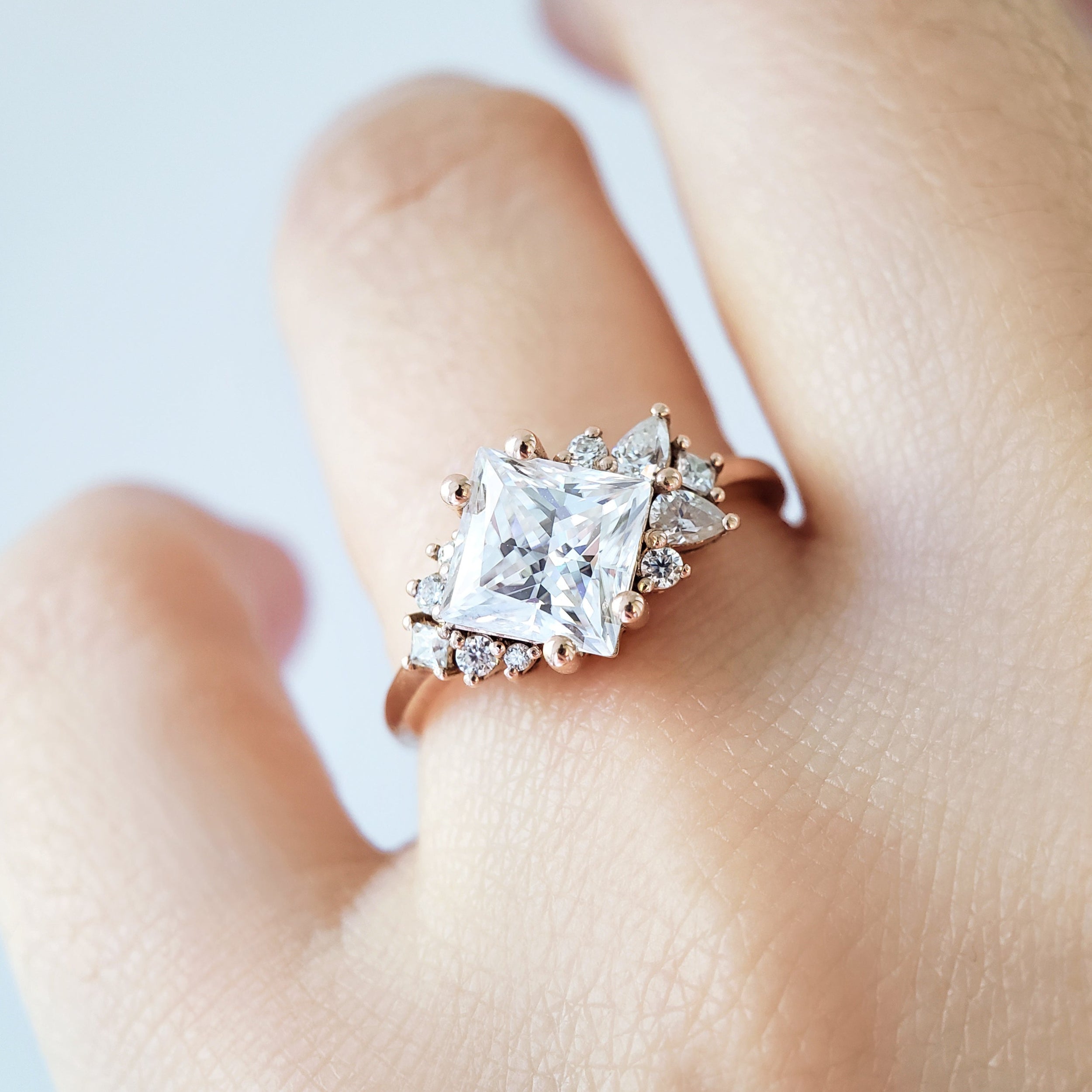 1.50 Carats Princess Shape Moissanite Cluster Engagement Ring