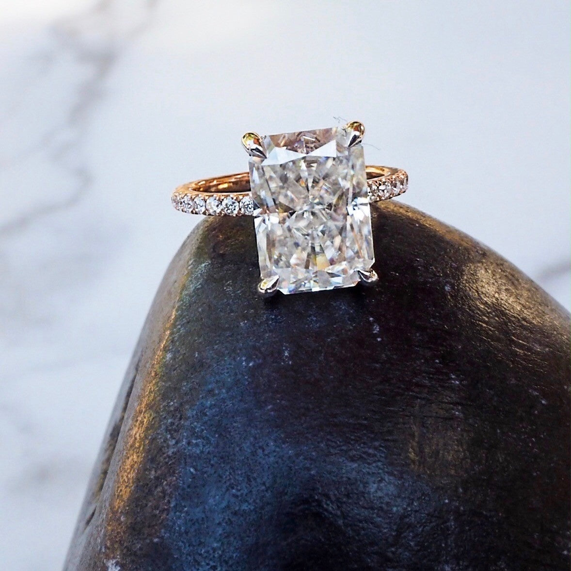 5.60 Carats Radiant Shape Moissanite Hidden Halo & Pave Engagement Ring