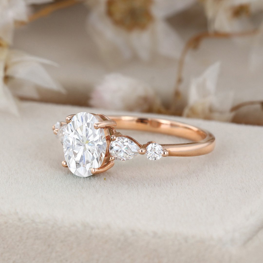 1.50 Carats Oval Shape Moissanite Five Stone Engagement Ring
