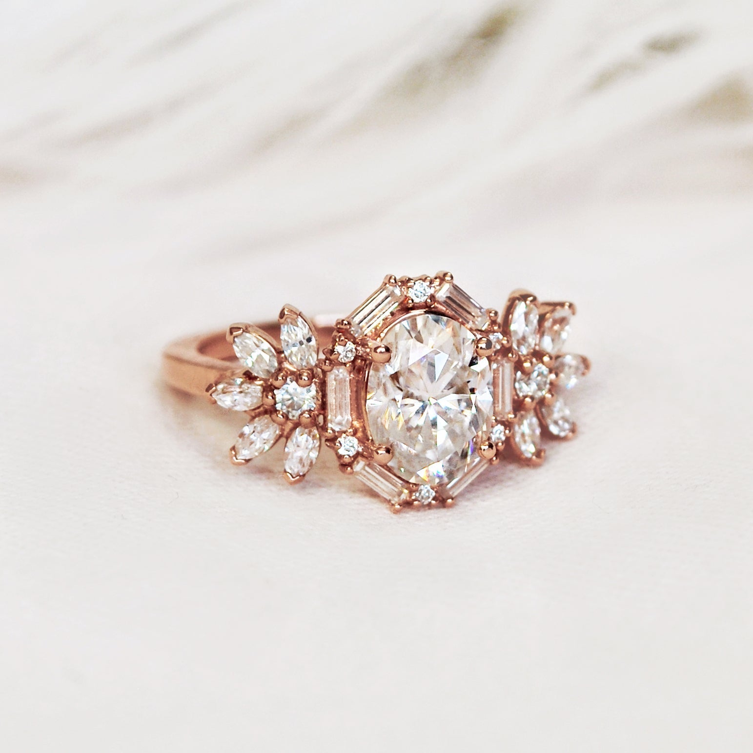 1.25 Carats Oval Shape Moissanite Vintage Cluster Engagement Ring