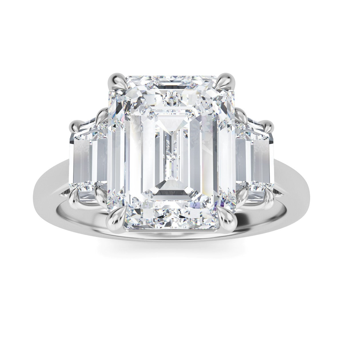4.50 Carats Emerald Shape Moissanite Three Stone Engagement Ring