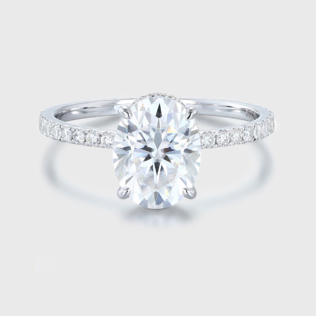 2.0 Carats Oval Shape Moissanite Hidden Halo & Pave Engagement Ring