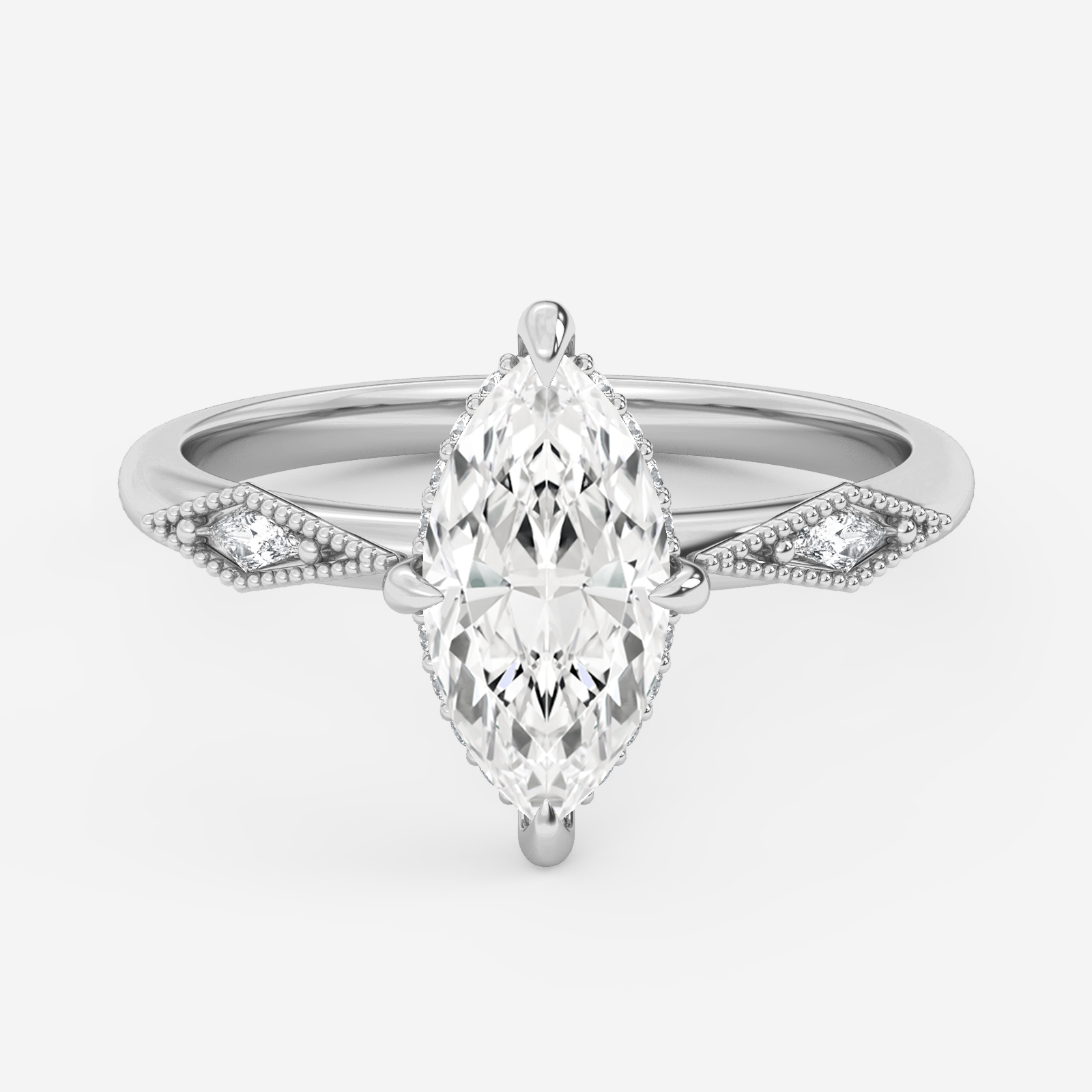 1.25 Carats Marquise Shape Moissanite Vintage Hidden Halo Engagement Ring