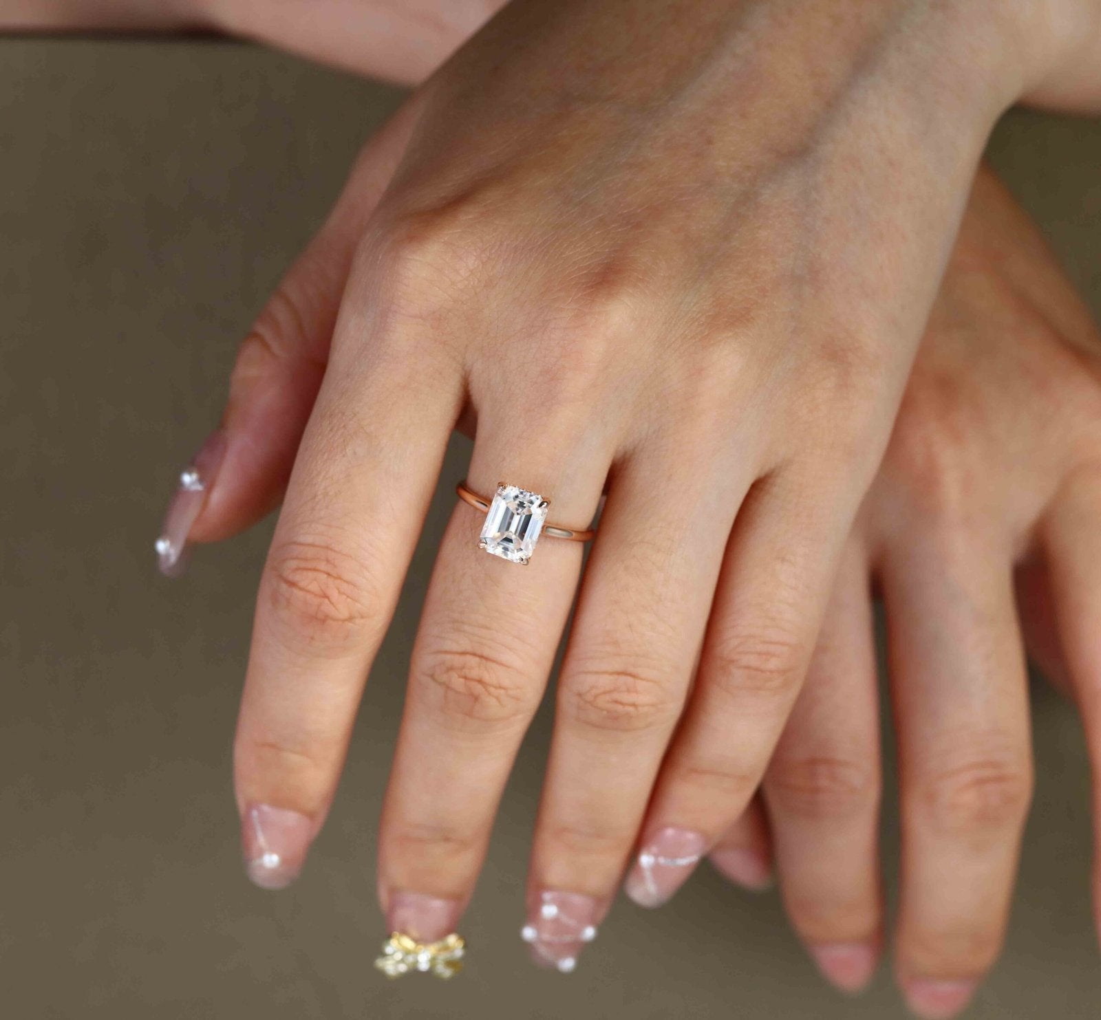 2.5 Carats Emerald Shape Moissanite Hidden Halo Engagement Ring