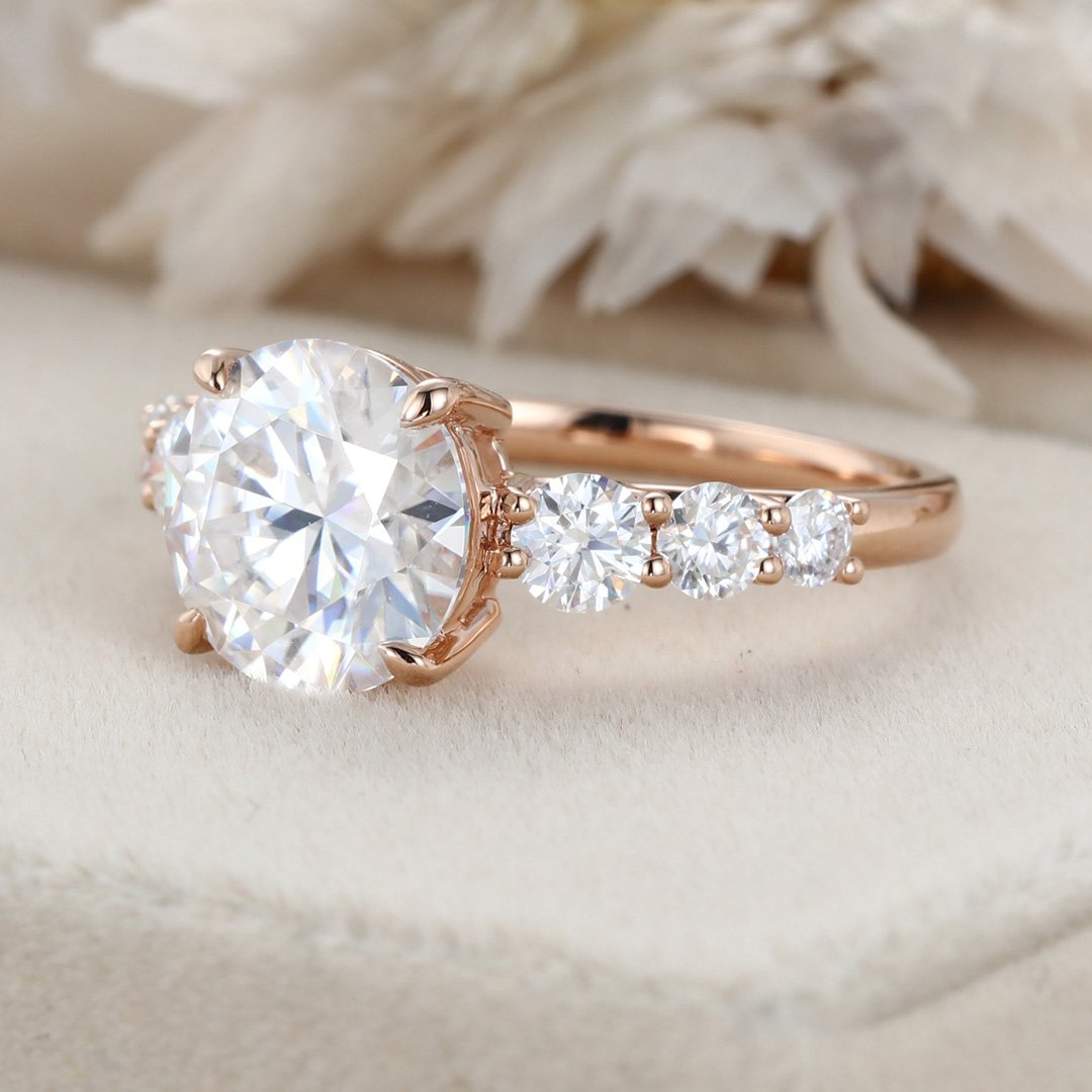 3.0 Carats Round Shape Moissanite Seven Stone Engagement Ring