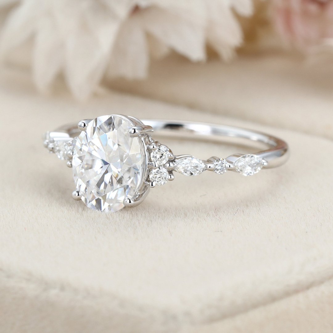 1.50 Carats Oval Shape Moissanite Cluster Engagement Ring
