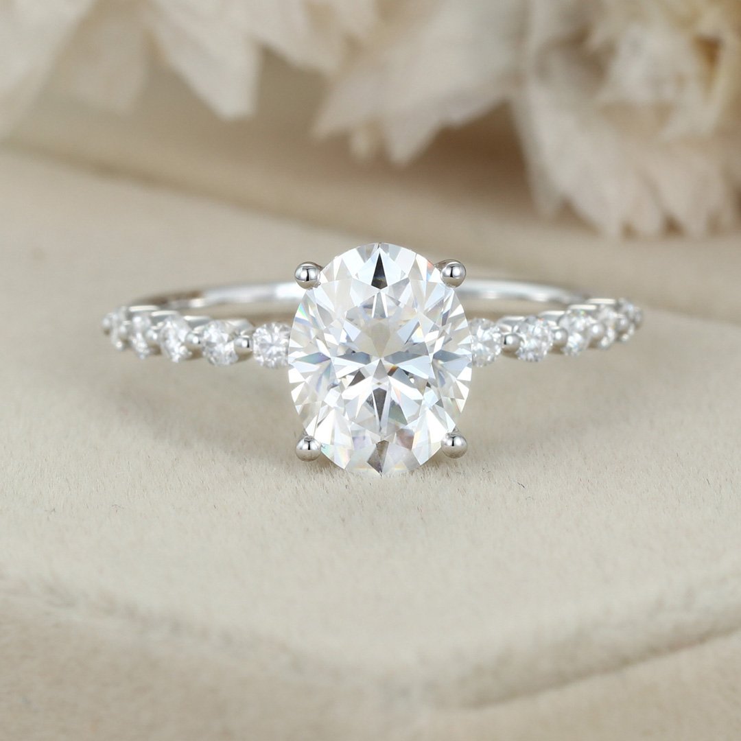 2.0 Carats Oval Shape Moissanite Hidden Halo & Pave Engagement Ring