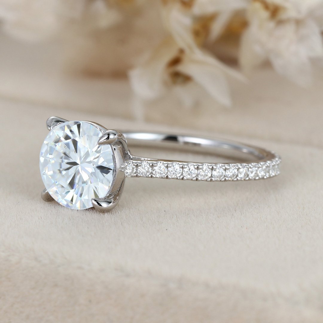1.02.0 Carats Round Shape Moissanite Pave Engagement Ring