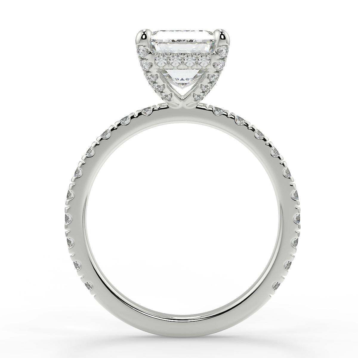 2.20 Carats Emerald Shape Moissanite Hidden Halo & Pave Engagement Ring